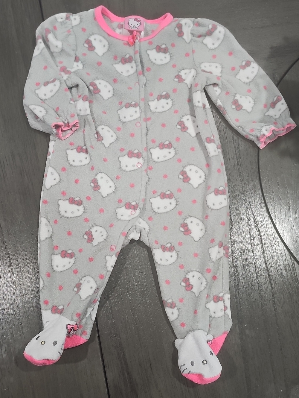 Hello Kitty Gray Fleece Footed One-Piece with Pink Trim